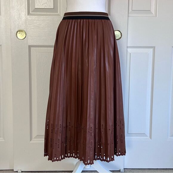 LE SUPERBE PLEATS TO MEET YOU SKIRT BROWN VEGAN LEATHER Medium MSRP $395 NEW - Picture 3 of 8